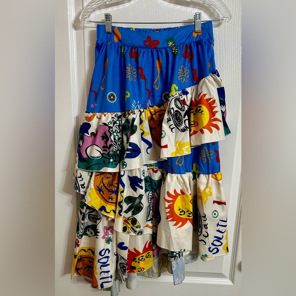 Tiered Multicolor Sun & Floral Print Maxi Skirt